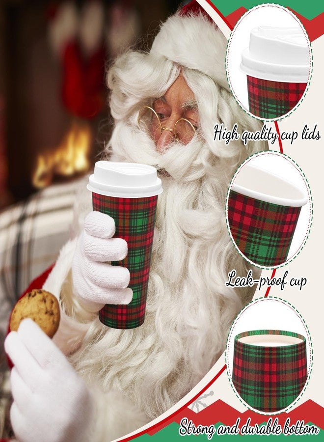 JarThenaAMCS Christmas Disposable Coffee Cups Xmas Buffalo Plaid Paper Cups with Lids 16 Oz To Go Coffee Cup for Holiday Party Cafe Hot Cold Drinks, 48 Pcs - Image 3